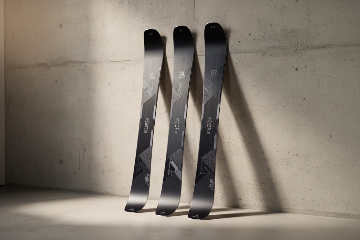 Drei Twin-Tip-All-Mountain-Skier mit zunehmender Breite lehnen an einer Betonwand