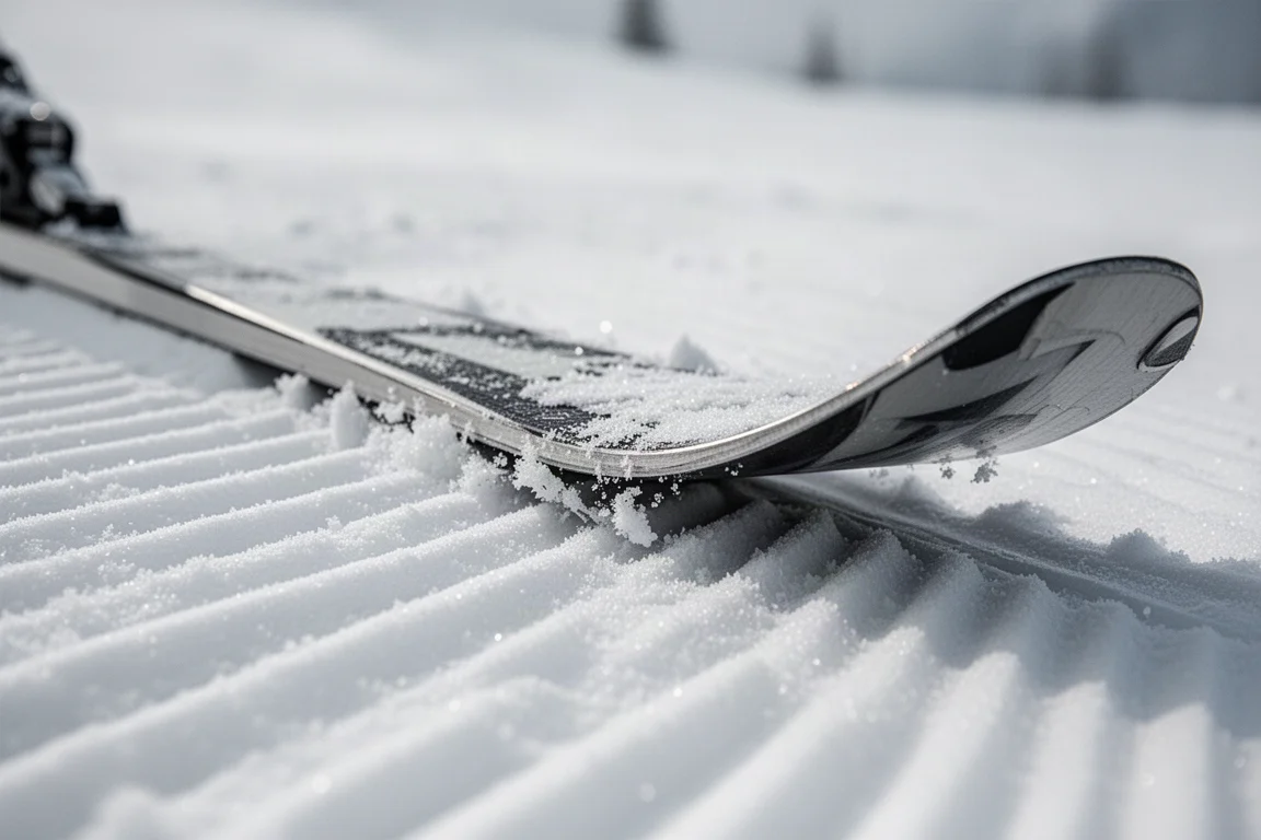 滑雪板板刃切入剛壓好的細緻雪面的特寫