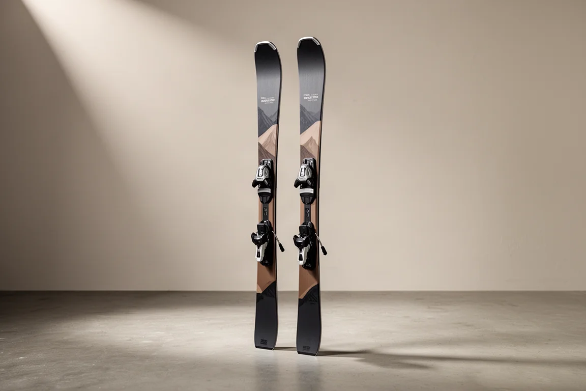 Pair of frontside alpine skis standing upright on a matte concrete floor