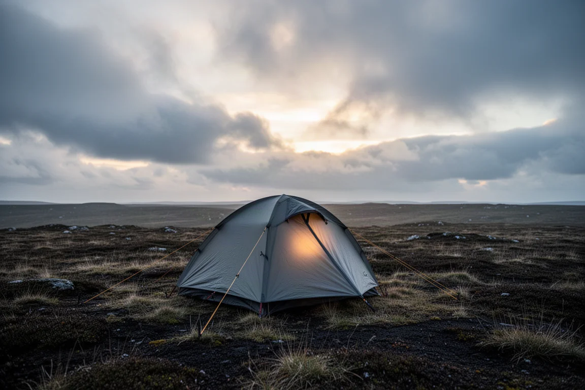 Tenda quattro stagioni montata su una brughiera battuta dal vento al crepuscolo con tiranti in tensione