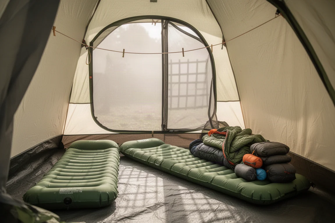 Interno di una tenda da backpacking monoposto con materassino, attrezzatura e una corda per il bucato