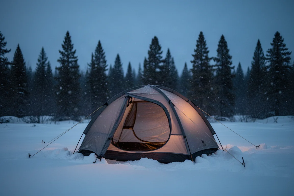 Piccola tenda quattro stagioni montata sulla neve durante l'ora blu con luce calda all'interno