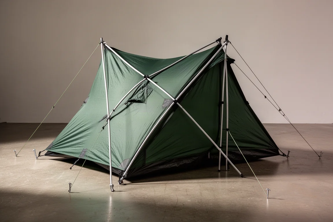 Green four-season solo backpacking tent pitched on a concrete surface
