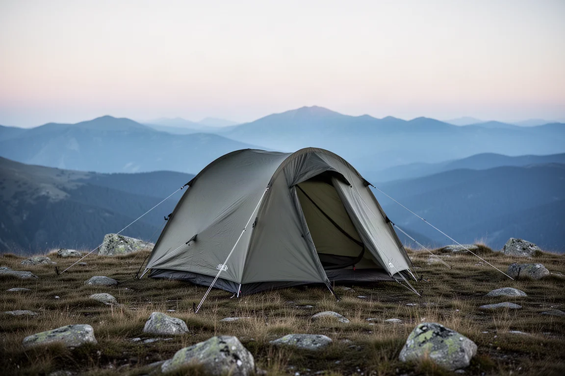 Tente quatre saisons montée sur une crête venteuse au crépuscule