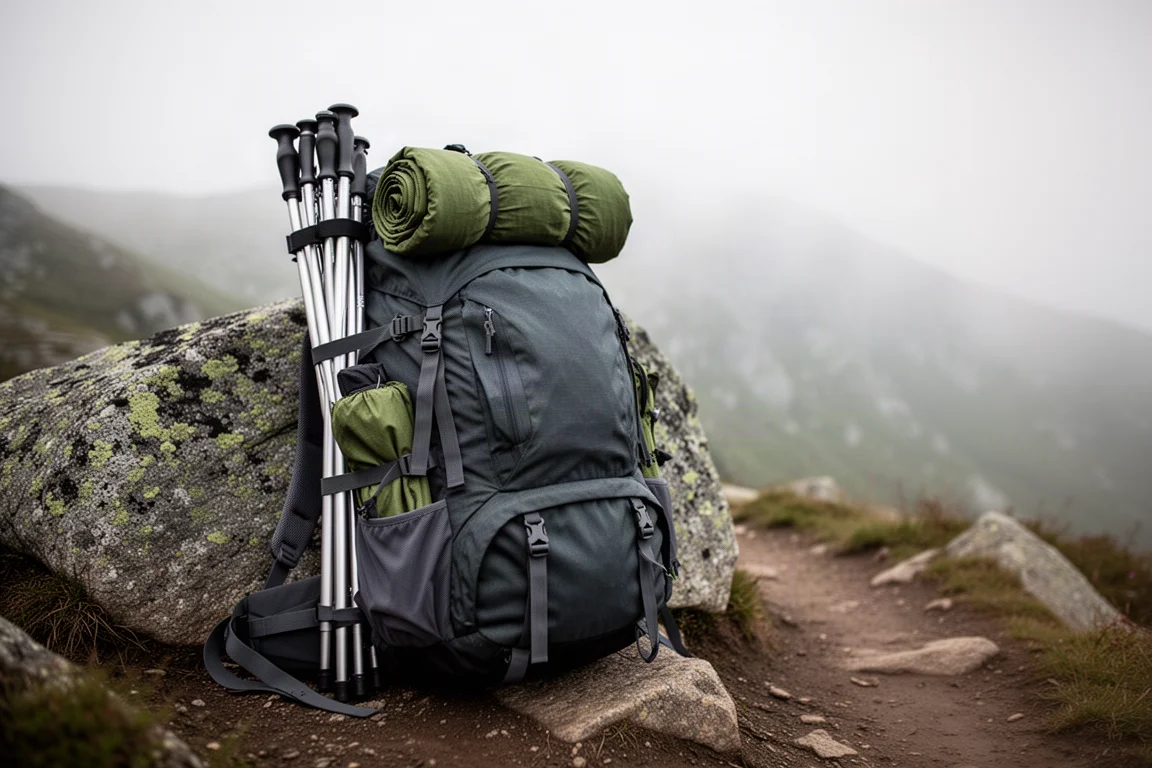 Sac à dos de randonnée chargé avec des arceaux de tente attachés sur le côté sur un sentier