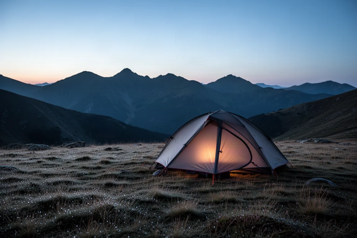 Bivouac sauvage à l'heure bleue avec une tente discrète sur un plateau montagneux