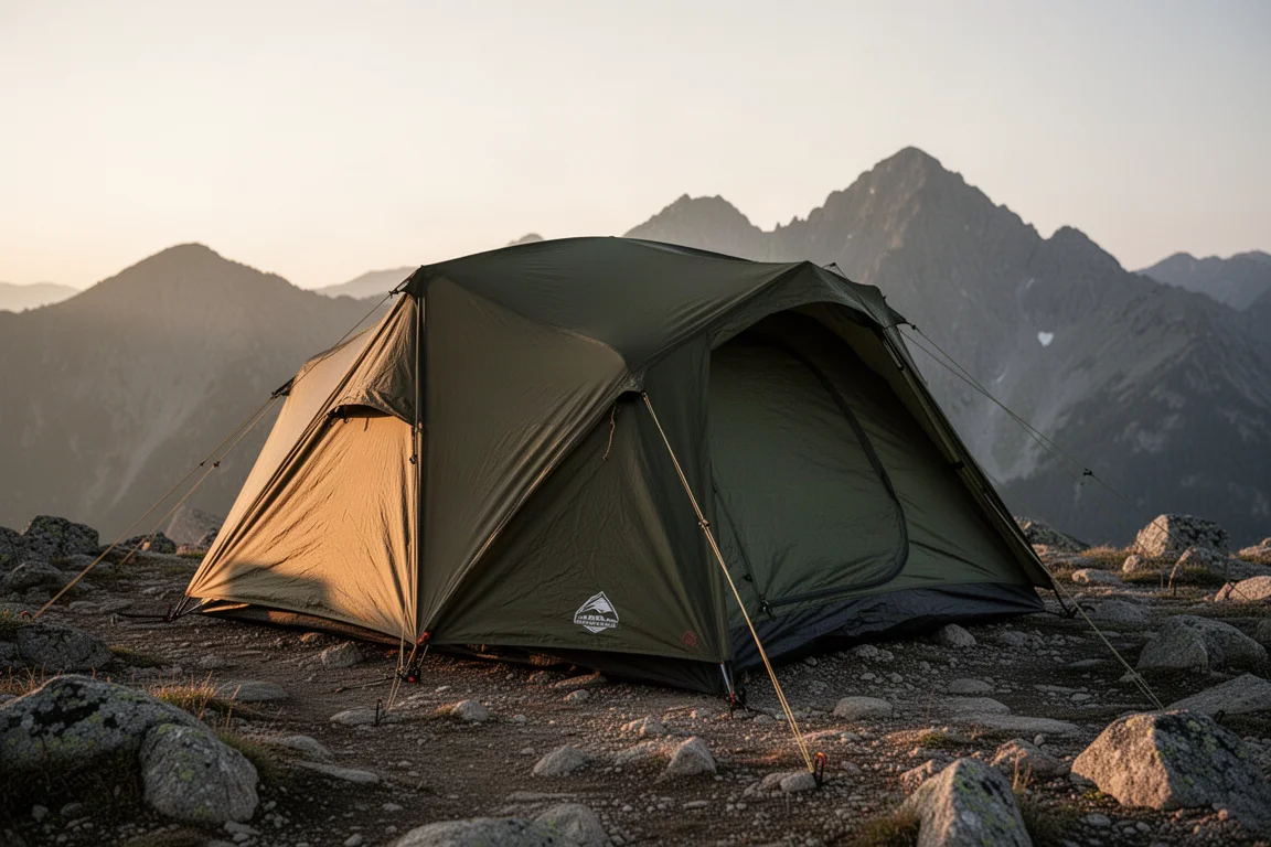 Four-season two-person backpacking tent pitched on a rocky mountain ridge at golden hour