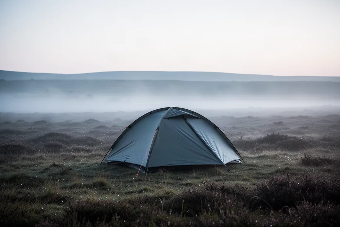 Tenda monoposto montata da sola su una brughiera nebbiosa all'alba
