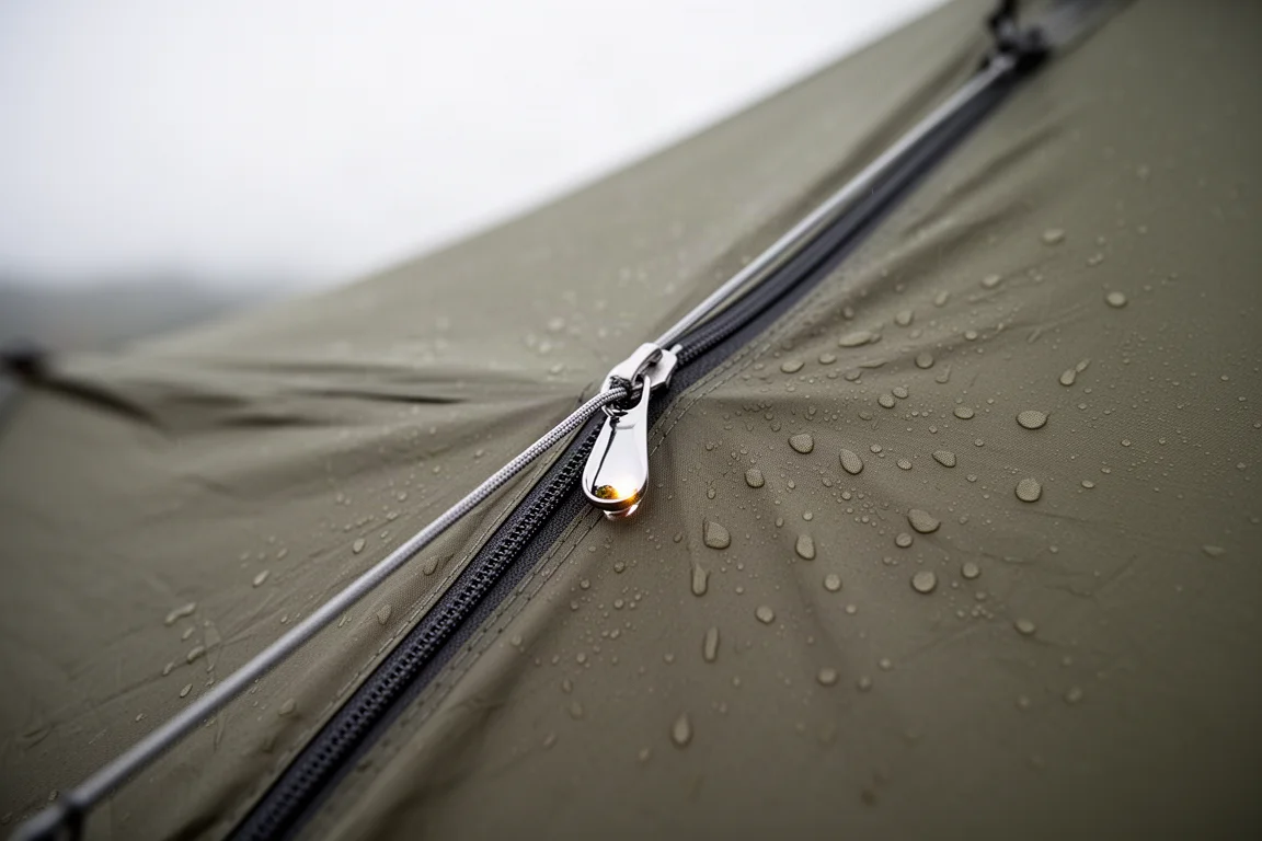 Gocce d'acqua che percolano su un sovratelo teso con tirante della zip riflettente
