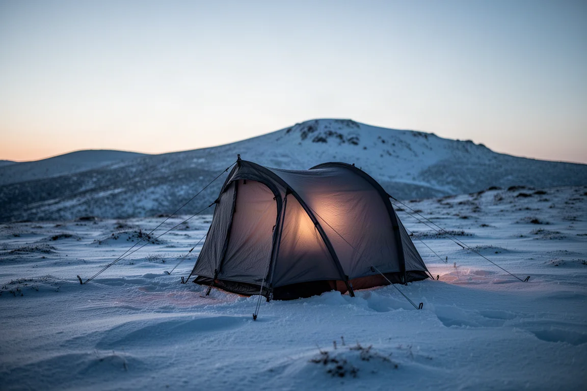 Tenda montata su un altopiano con neve spolverata durante l'ora blu, con bagliore caldo all'interno