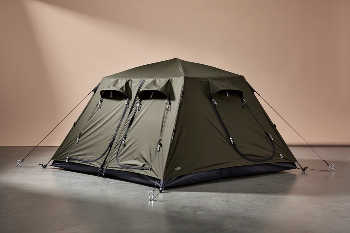 Dark olive solo four-season backpacking tent pitched on a neutral backdrop