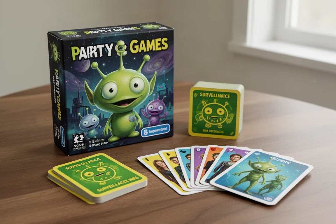 Six small board games with colorful components arranged on a wooden table