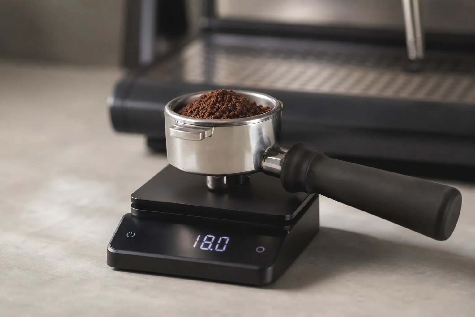 Espresso portafilter with grounds on a digital scale showing weight measurement