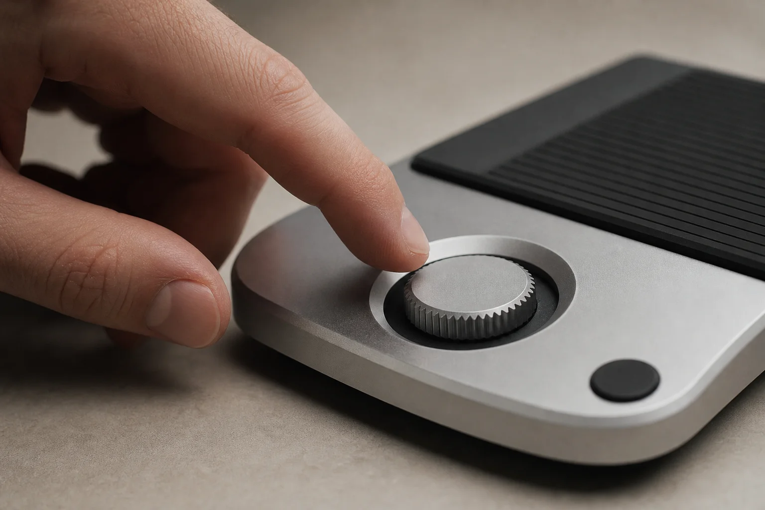 Hand adjusting the control wheel on the back of a compact coffee scale