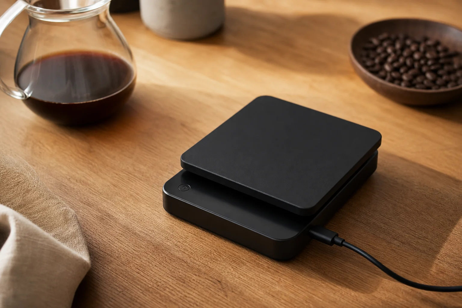 USB-C charging cable connected to a compact coffee scale on wooden counter