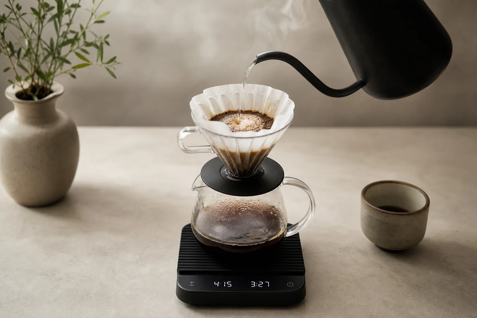 Pour-over coffee brewing with gooseneck kettle and digital scale measuring water