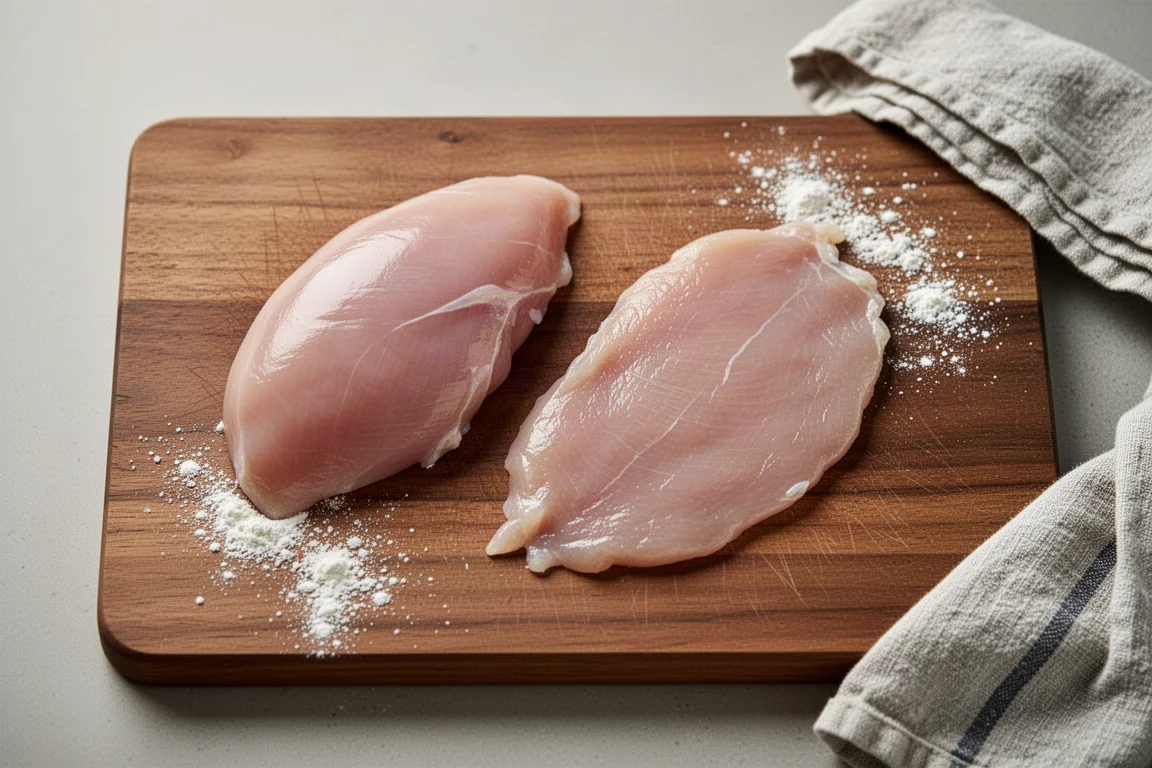 Küchenszene mit einer dicken Hähnchenbrust neben einem plattierten Schnitzel auf einem Schneidebrett