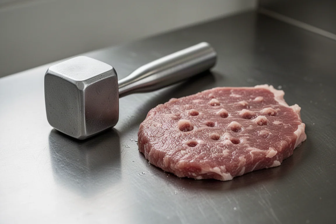 Schwerer Hammer-artiger Fleischklopfer auf einer Küchenarbeitsplatte, daneben Dellen aufweisende Schnitzel