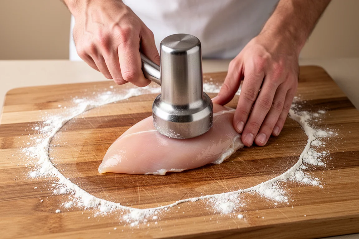 Koch plattiert ein Hähnchenschnitzel mit einem schweren Klopfer mit versetztem Griff
