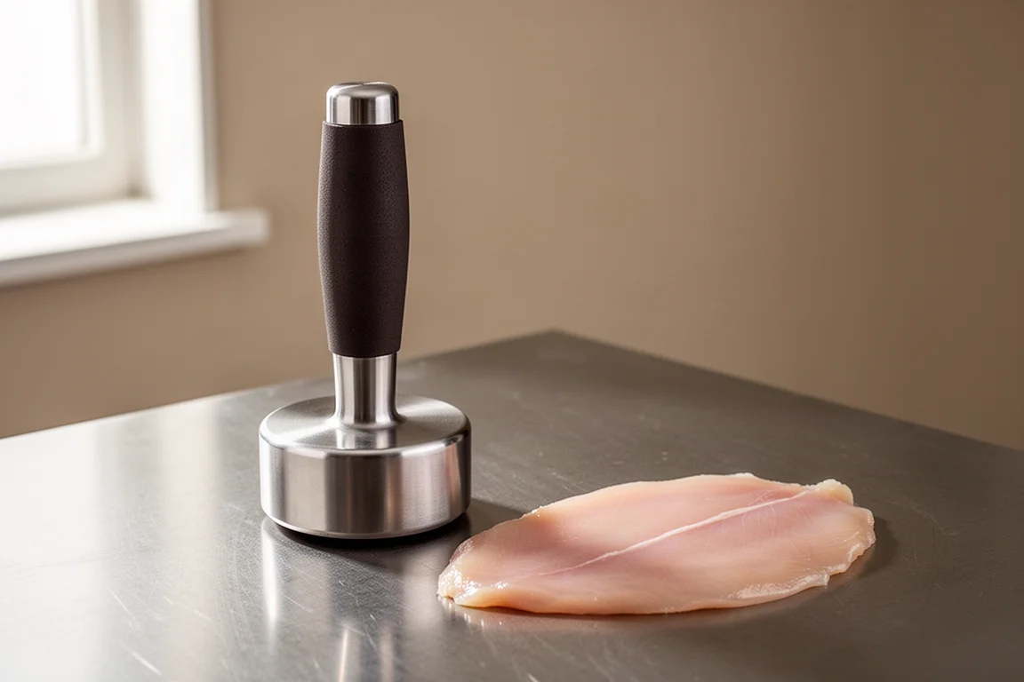 Vertical-handle meat pounder standing on a stainless counter beside a thin cutlet