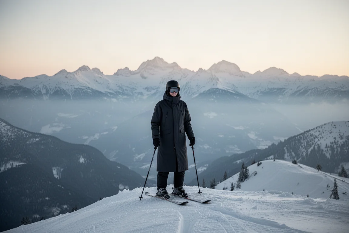 Esquiador con un anorak largo oscuro y peto en una cresta nevada al amanecer