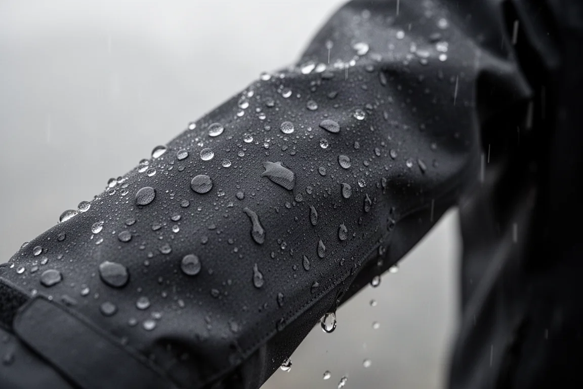 Lluvia y aguanieve perlándose sobre un tejido técnico oscuro de capa exterior