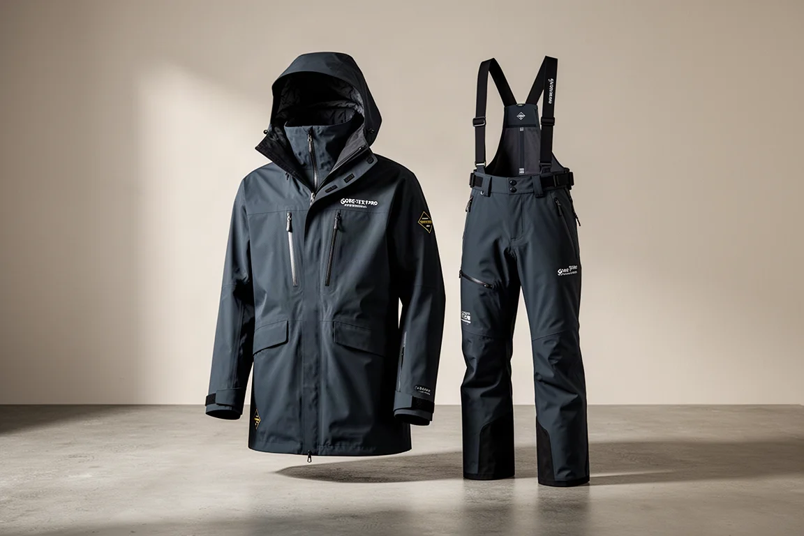 Norrøna Lofoten anorak and Tamok bib arranged on a concrete surface