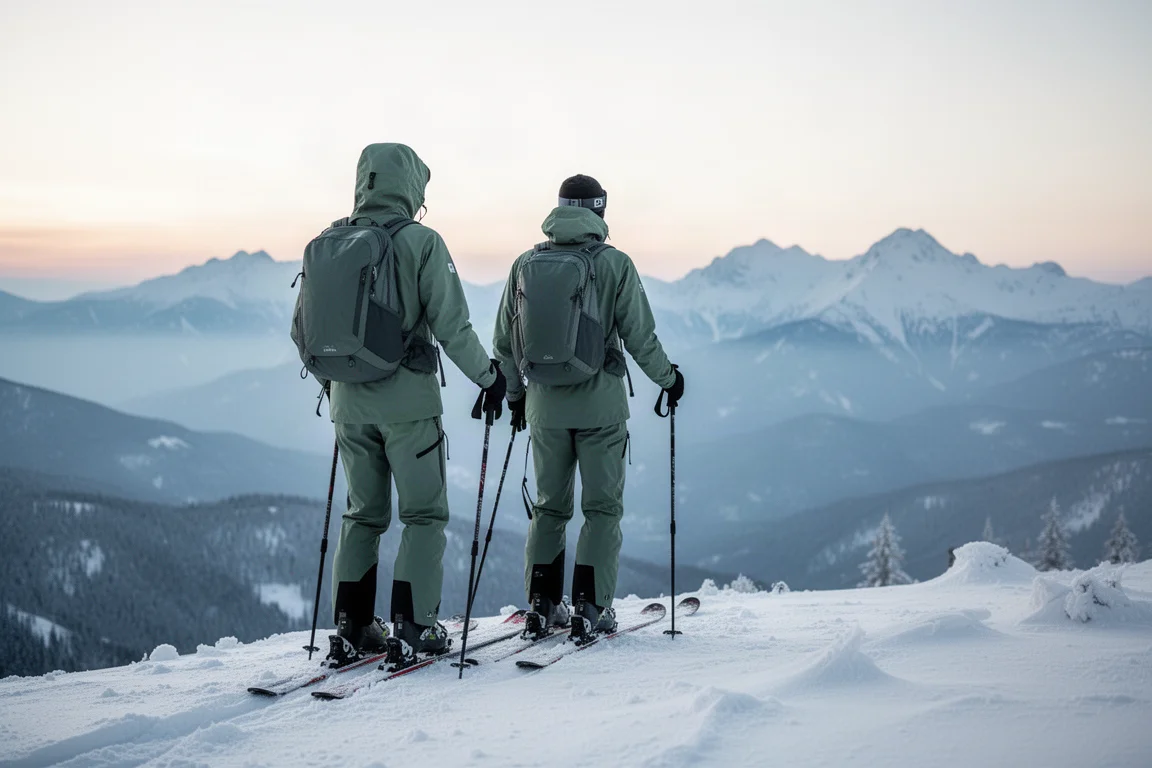 Esquiador con un conjunto shell técnico verde de pie sobre una cresta nevada al amanecer