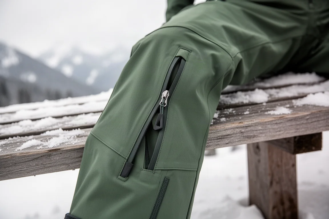 Cremallera lateral del pantalón técnico de esquí medio abierta sobre una superficie nevada