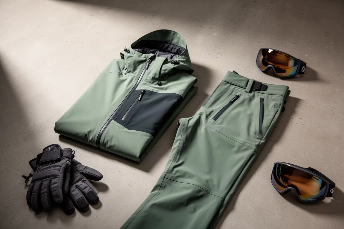 Green technical ski shell jacket and pants arranged on a concrete surface with gloves and goggles