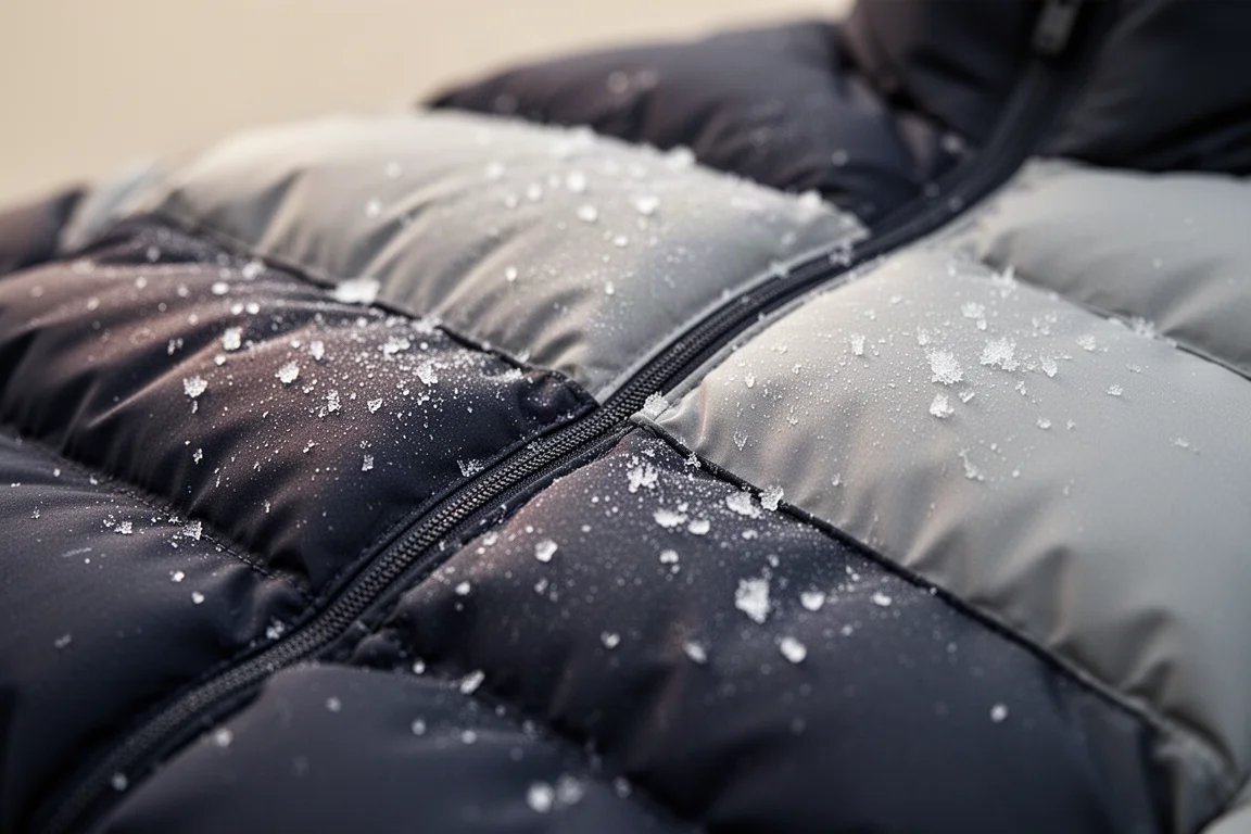 Dettaglio macro delle camere trapuntate della giacca in piumino coperte di cristalli di brina