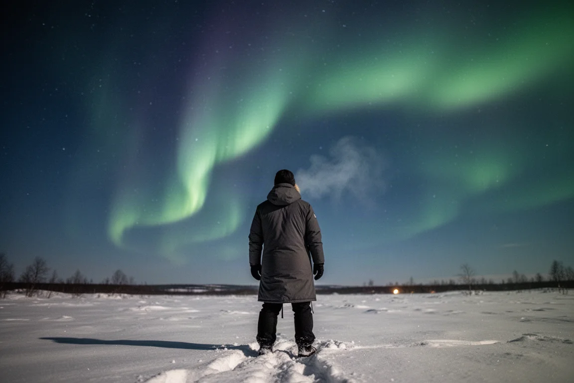 Viaggiatore invernale che osserva l'aurora in un paesaggio innevato con indosso una giacca in piumino lunga
