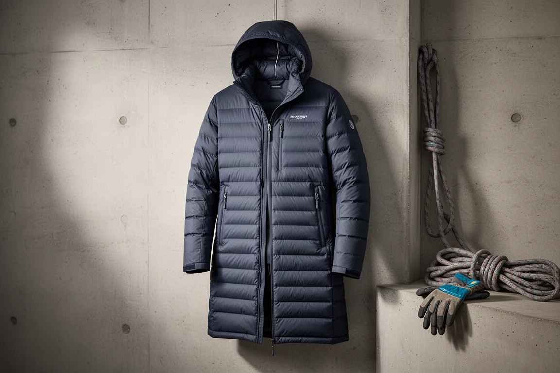 Long-cut quilted down jacket with storm hood hanging against a concrete wall