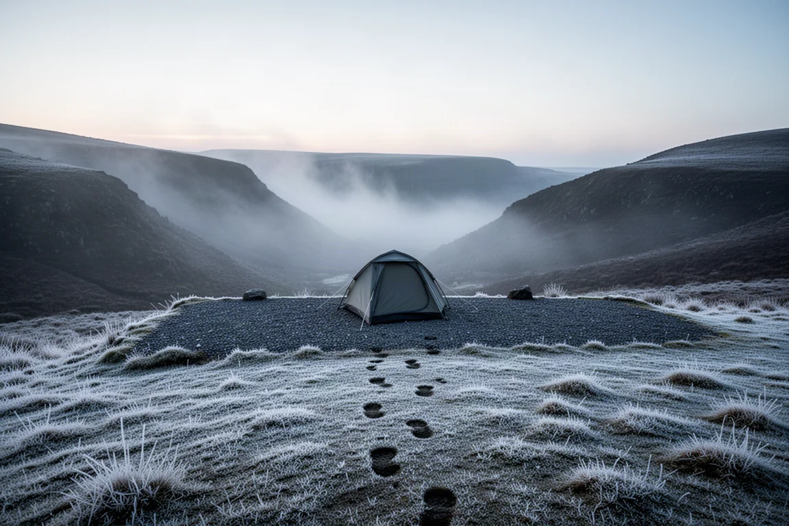 Campamento en el páramo cubierto de escarcha al amanecer, con una tienda pequeña sobre una repisa de grava y niebla entre crestas oscuras