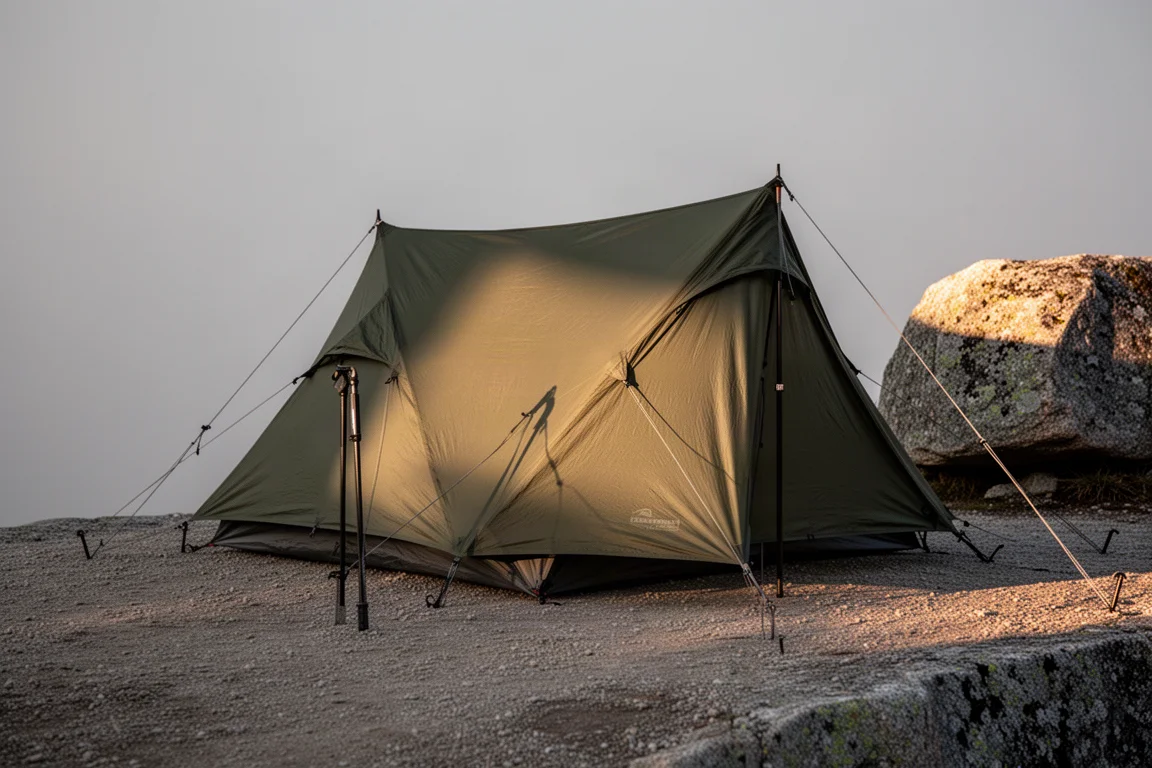 Olive four-season backpacking tent pitched on gravel beside a granite outcrop in low evening light