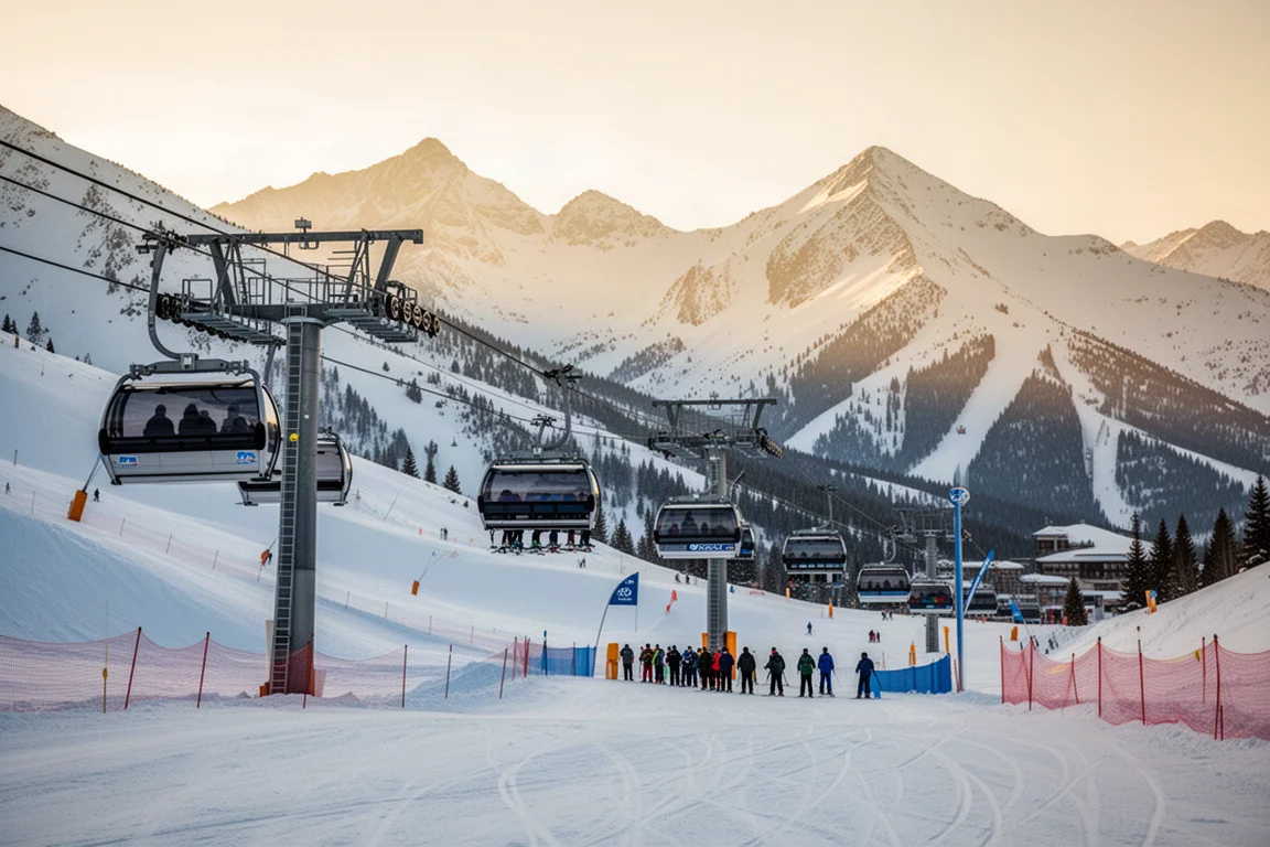 Alpine ski resort with chairlifts rising over snow-covered slopes at golden hour
