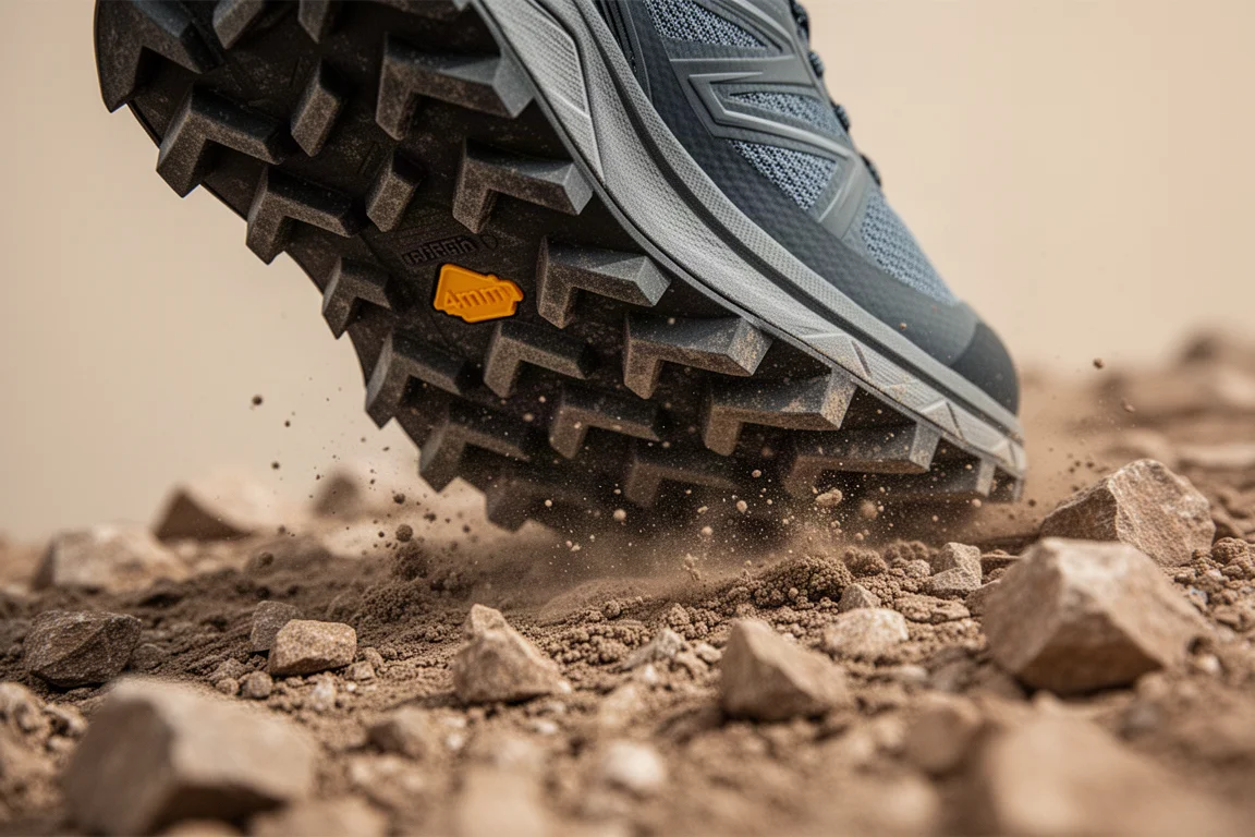 Tacos profundos en cheurón de la suela de una zapatilla de trail agarrándose a terreno rocoso