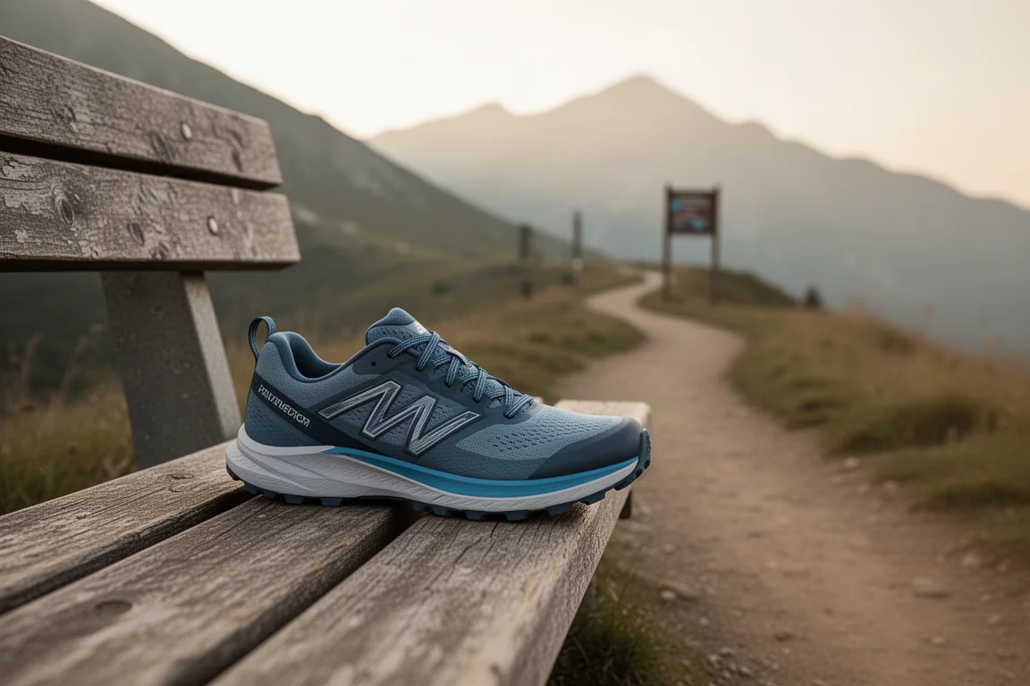 Una sola zapatilla de trail colocada sobre un banco de madera junto a la cabecera de un sendero
