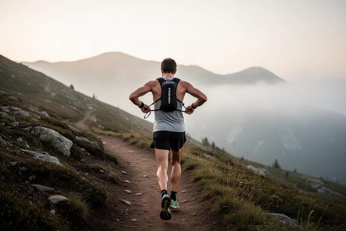 Trailrunner stellt eine minimalistische Race Vest auf einem Bergpfad ein