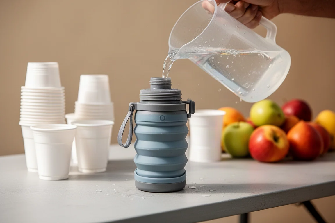 Soft Flask wird an der Verpflegungsstation eines Rennens an einer Tische nachgefüllt