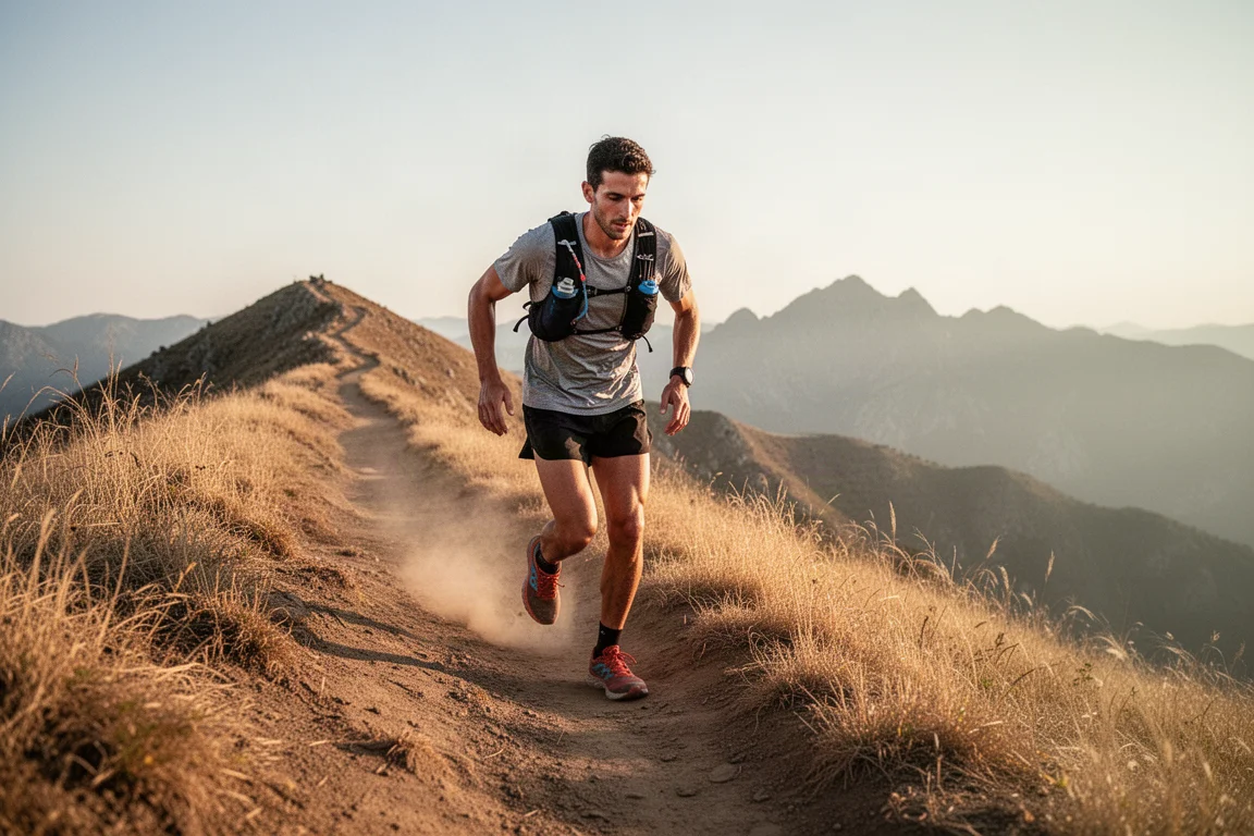 Trailrunner erklimmt einen staubigen Gratpfad im heißen Nachmittagslicht