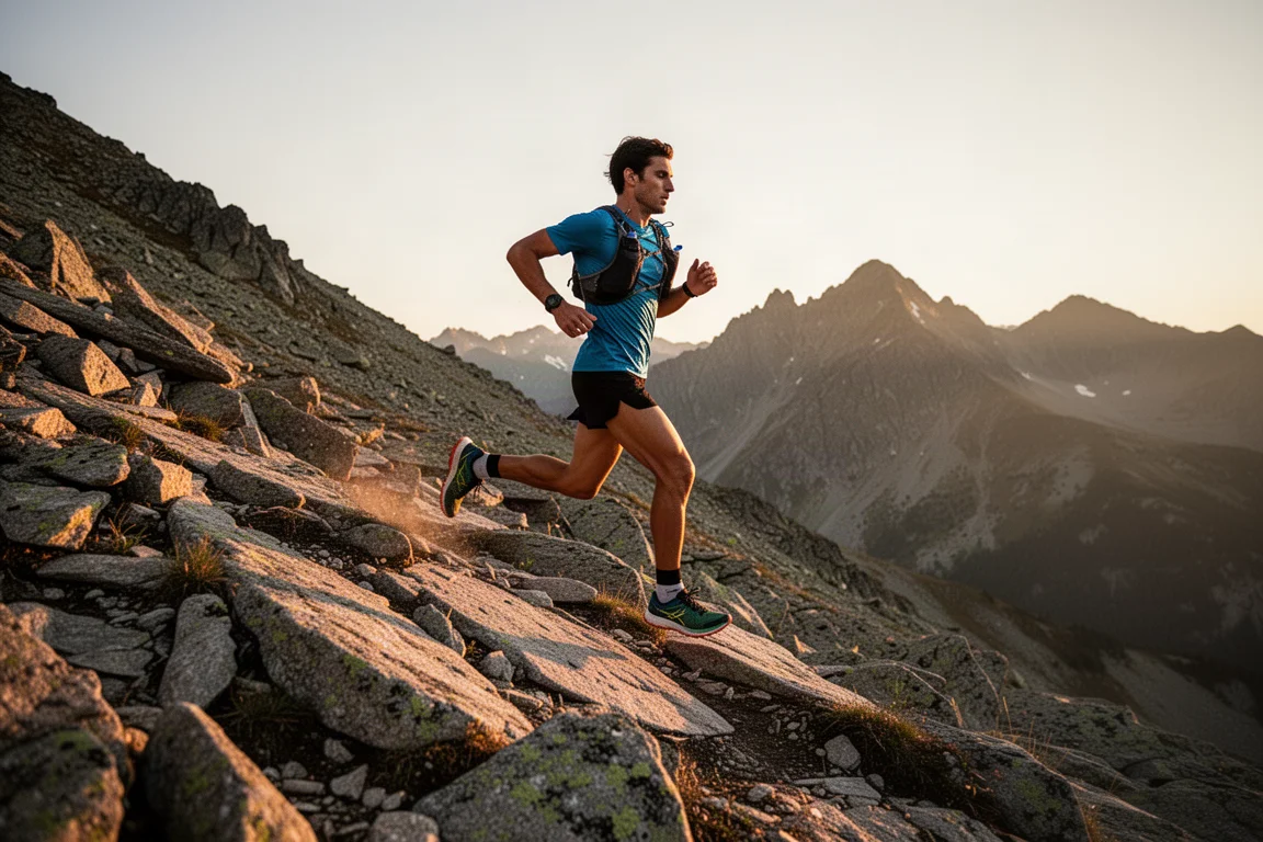 Coureur traversant une traversée alpine en dévers à l'heure dorée