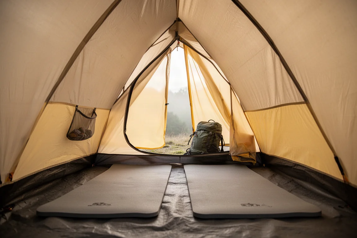 Intérieur d'une tente deux places montée avec deux matelas de sol et des poches en mesh