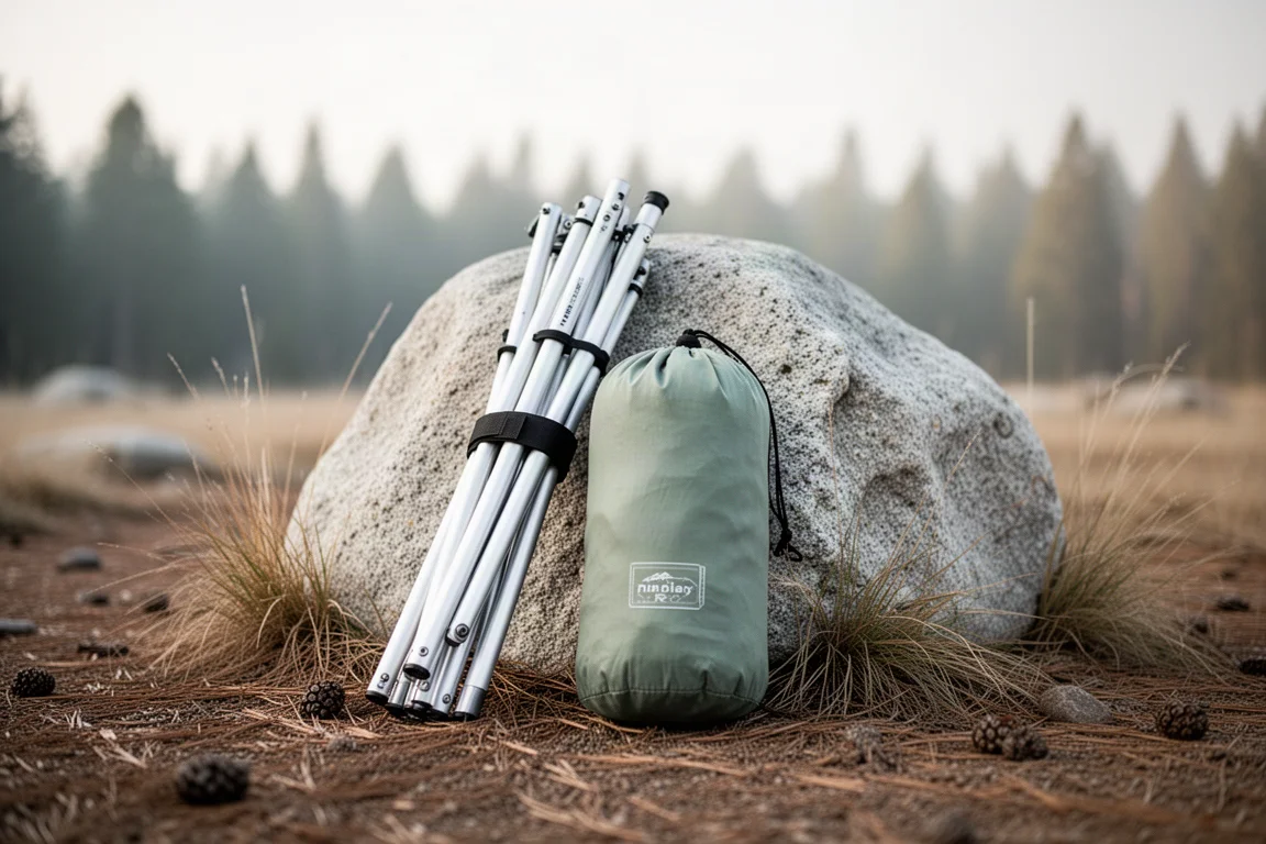 Sac de transport de tente et arceaux en aluminium appuyés contre du granite à un départ de sentier