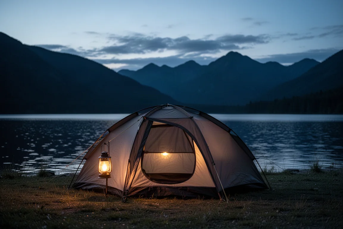 Tente montée sur un emplacement au bord d'un lac au crépuscule avec une lumière chaude à l'intérieur