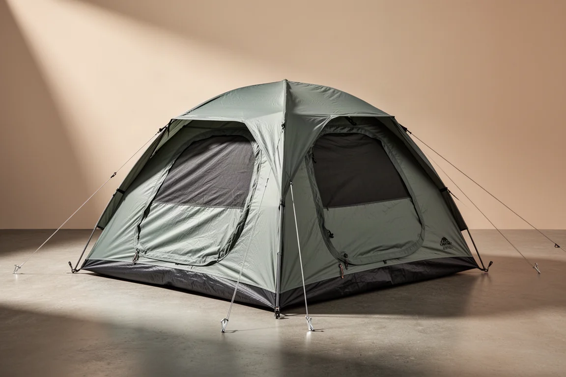 Two-person three-season dome tent pitched on a neutral concrete surface