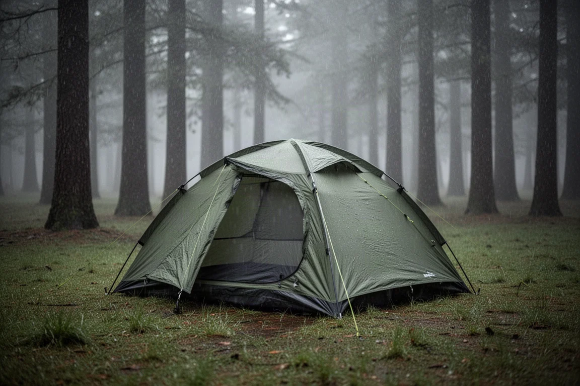 Tente de camping deux places montée dans une clairière en forêt sous une pluie légère