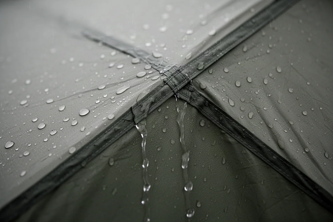 Gouttes de pluie perlant sur le tissu tendu d'une double-toit de tente