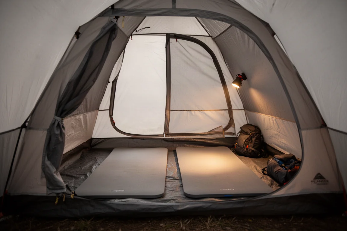 Intérieur d'une tente deux places avec matelas de couchage et lumière douce