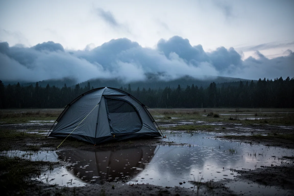 Camping mouillé au crépuscule avec une tente sous un ciel dégagé